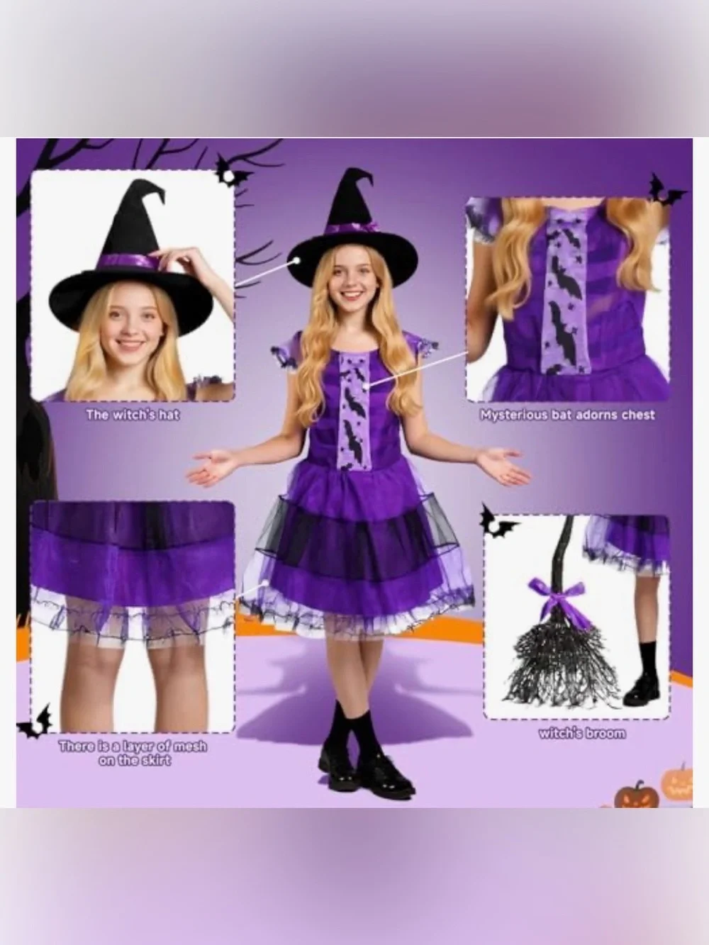 Witch Costume, Halloween Witch Dress with Broom for Girls 3+ 6 ageHalloween Co